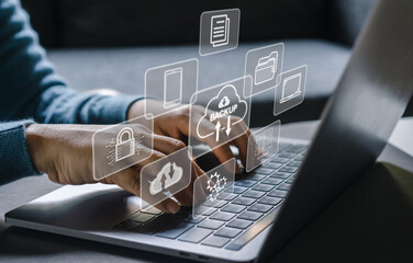 Hand ues laptop security backup file storage data concept, technology digital, download, documentation, privacy, password, sharing, cloud online technology to protect computer, file, phone icon