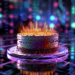 happy birthday celebration, birthday cake and digital technology background by generative AI.
