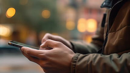Close-up of male hands with smartphone outdoors. Based on Generative AI