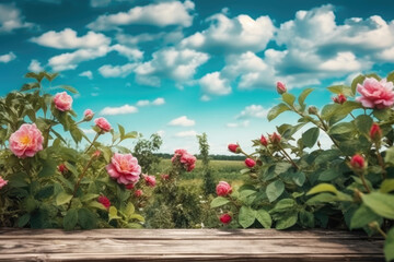 A Captivating Scene of Roses and Rose Bushes on a Rustic Table. Space for Text. Copy Space. Product Ad. AI Generative