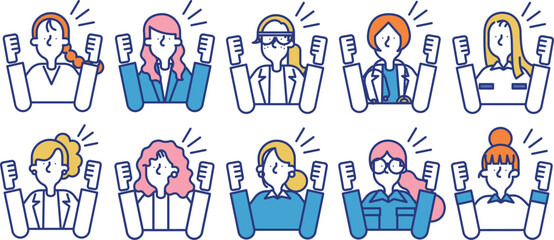 Fototapeta premium 多種多様な職業の女性が応援をしているシンプルなアイコンセットB