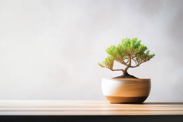 Table top for your product with Tree Pot and Beautiful Plants against White Wall Background. Generative AI. 