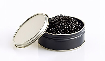 Black caviar in metal can. Generative AI. - obrazy, fototapety, plakaty