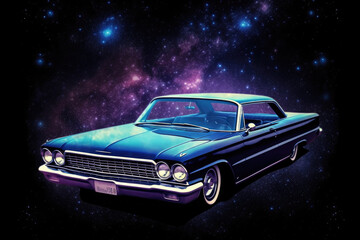 Plakat Futuristic retro car on galaxy and nebula background. Vehicle in space for futuristic travel. Creative spaceship. Created with Generative AI
