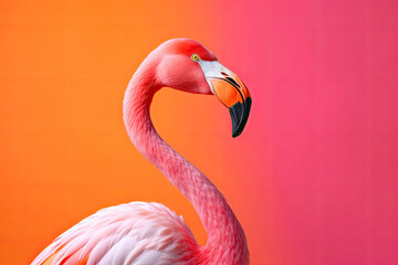 Fototapeta premium Flamingo portrait on pastel colored background. Exotic bird. Creativity banner. Created with Generative AI