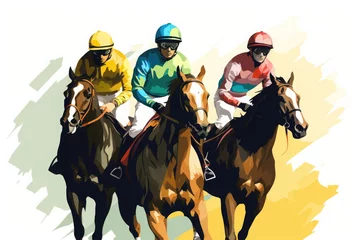 Deurstickers Jockeys riding on horses, color drawing. Horse racing at the racetrack. Active sport sticker. Created with Generative AI © Lazy_Bear