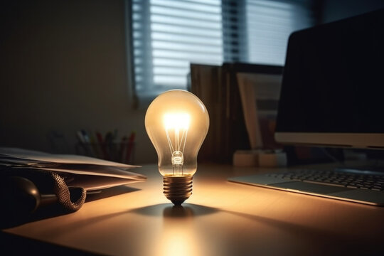 Creative idea for business development. Glowing bulb at office workplace. Lamp on table. Created with Generative AI