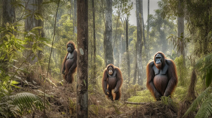 Orangutans in a field of grass