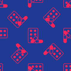 Red Sports doping, anabolic drugs with dumbbell icon isolated seamless pattern on blue background. Anabolic steroids tablet. Pills in jar. Vector