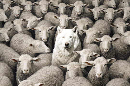 A wolf in sheep's clothing hiding among sheep. Generative AI. 