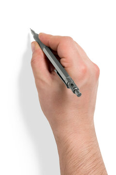 Top view of a male hand writing with a pen, pen in hand, isolated on a transparent background, PNG. High resolution.