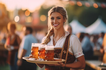 Oktoberfest Tradition. Beauty Waitress wearing traditional clothes and holding beers at the festival. Sunset. German culture and celebration concept. AI Generative