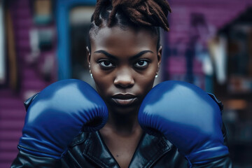 Close-Up of Female Boxer:  A close-up of a young, dark-skinned female boxer with a serious expression, posing on the street with blue boxing gloves and looking directly into the camera. Generative AI - obrazy, fototapety, plakaty