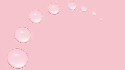 Drops of transparent gel or water in the shape of a semi-circle, with decreasing size. On a pink background.
