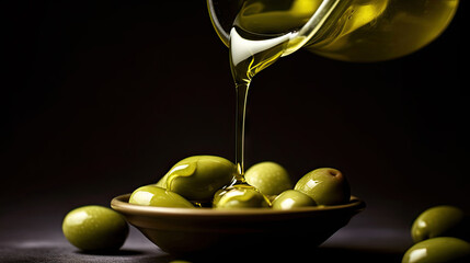 Image of Olive oil and delicious olives on black background. Based on Generative AI printed on Printed Glass Splashbacks