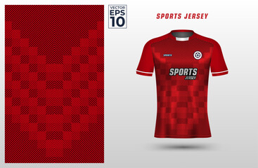 Red t-shirt sport jersey design template with geometric line halftone pattern background. Sport uniform in front view. Tshirt mock up for sport club. Vector Illustration	 - obrazy, fototapety, plakaty