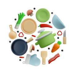 Kitchenware and cookware in 3D style, vector illustration isolated on white background.