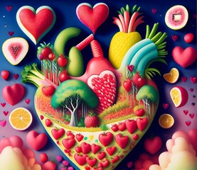 Fruit and vegetables in shape of heart. ,created with Generative AI technology