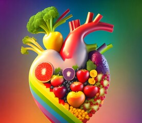Healthy heart with fruits and vegetables on colorful background,created with Generative AI technology,