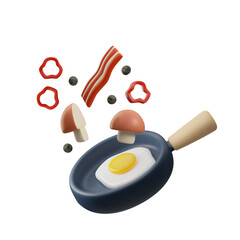 Frying pan with egg, bacon and mushrooms in 3D style, vector illustration isolated on white background.