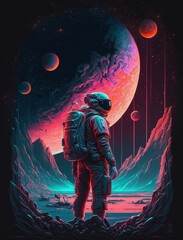 Spaceman on futuristic landscape background. Astronaut and colorful fantasy planet in universe for National Space Day. Generative AI
