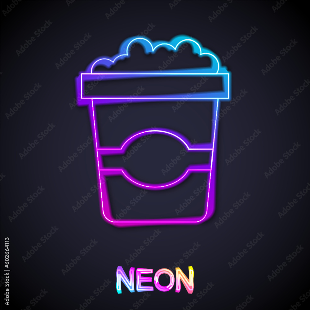 Poster Glowing neon line Popcorn in cardboard box icon isolated on black background. Popcorn bucket box. Vector