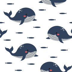 Seamless marine pattern with hand drawn whales and fish. Sea life vector illustration.
Vector colorful childish seamless repeating simple flat pattern with whales and fishes on a white background. 
