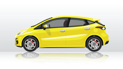 Concept vector illustration of detailed side of a flat yellow Hatchback car. with shadow of car on reflected from the ground below. Isolated white background.