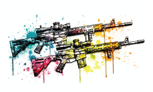 Colorful Semi automatic sniper rifles watercolor painting Abstract background. Generative AI