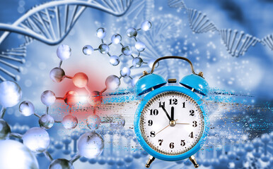 clock from which particles are separated against the background of flying DNA chains.
