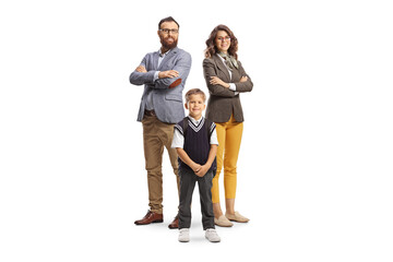 Full length portrait of a man and woman and a schoolboy in a uniform posing