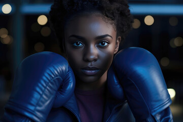 Confrontational Figures: An Intense Young Woman with Boxing Gloves posing at night in the streets and looks at the Camera. Generative AI