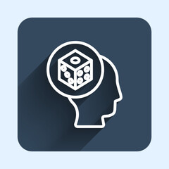 White line Game dice icon isolated with long shadow background. Casino gambling. Blue square button. Vector