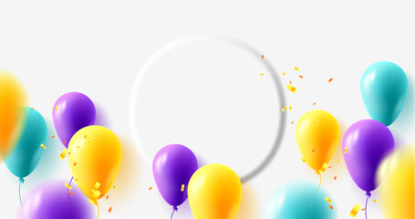 Celebration background with volume circle for your copy and 3d render air balloons with confetti