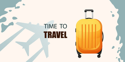 Time to travel..Background with yellow, plastic suitcase, airplane.Vector illustration
