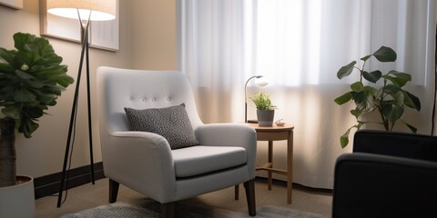 A therapists office with a comfortable chair and calming atmosphere, displayed against a supportive, concept of Relaxation techniques, created with Generative AI technology
