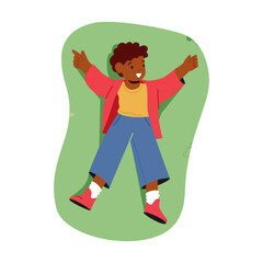 Black Boy Character Resting On Lush Green Meadow, Viewed From Above. Serene And Peaceful Scene, Vector Illustration