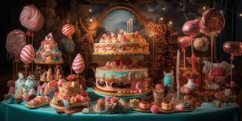 A whimsical carousel of assorted desserts, spinning gracefully in a surreal, candy-filled world, concept of Fantastical Wonderland, created with Generative AI technology