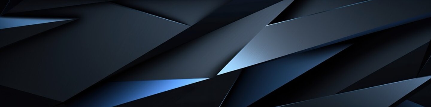 Black blue abstract modern background for design. Dark. Geometric shape. 3d effect. Diagonal lines, stripes. Triangles. Gradient. Light, glow. Metallic sheen. Minimal. Web banner. Wide. Panoramic.