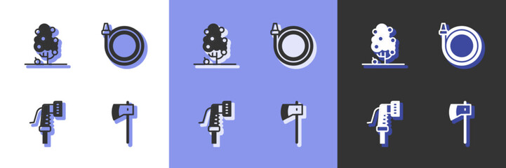 Set Wooden axe, Fruit tree, Garden hose and icon. Vector