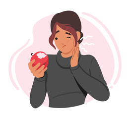 Female Character Grimacing With A Hand On Her Cheek, Holding An Apple. Woman Expressing Pain From Toothache