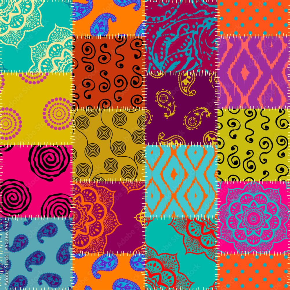 Poster textille patchwork pattern. seamless vector image. bright tribal patchwork.