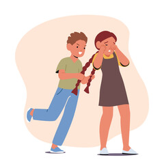 Playful Boy Teasing Girl By Pulling Her Pigtails, Causing Her To React With A Mix Of Annoyance And Amusement