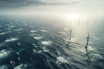 Aerial view of wind turbines in the ocean. Composite with different elements made with generative AI