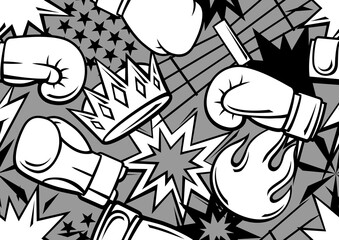 Pattern with boxing items. Box club illustration. Sport background in cartoon style.
