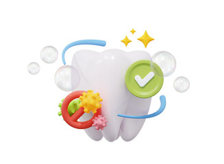 3D Dental Care. Concept of protection of teeth against caries and oral health. A barrier with tooth and microbe. In cartoon style. 