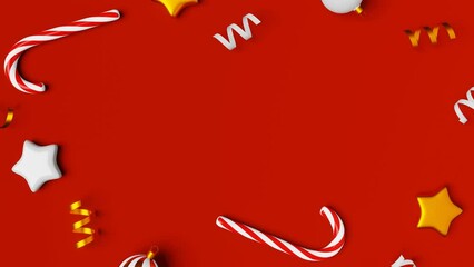 Christmas ornament candy cane balls shiny ribbons 3D animation loop red copy space. Christmastide lollipop stick Festive Xmas Saint Nicholas Day Winter seasonal decoration flat lay motion screen saver