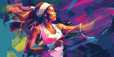 Fototapeta na wymiar Vibrant Female Tennis Player Illustration. Generative AI