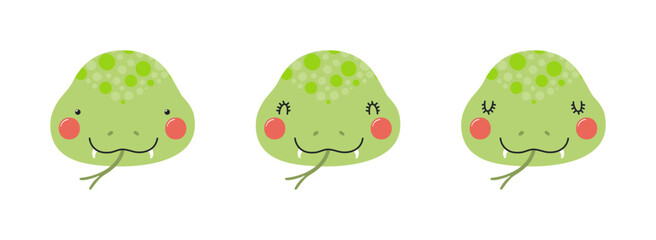 Obraz premium Cute funny snake faces illustrations set. Hand drawn cartoon character. Scandinavian style flat design, isolated vector. Kids print element, poster, card, wildlife, nature, baby animals