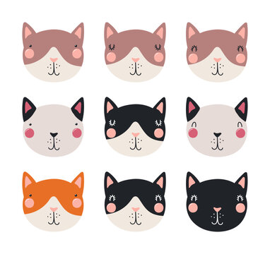 Cute funny cat faces illustrations set. Hand drawn cartoon character. Scandinavian style flat design, isolated vector. Kids print element, poster, card, wildlife, nature, baby animals